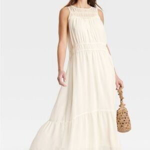 NWT RenFest Fairycore Boho Fully Lined Cream Sleeveless Smocked Tiered Maxi